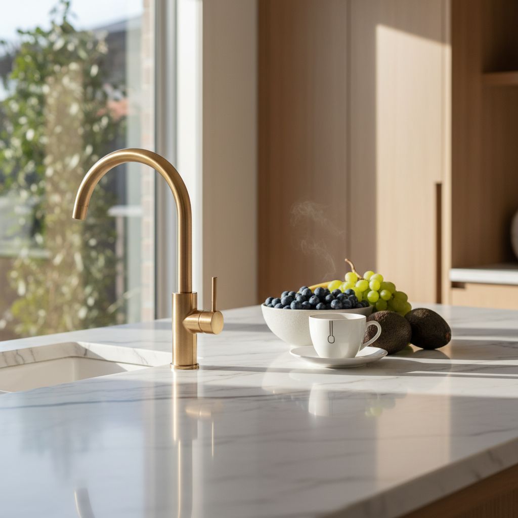 Marble benchtop with brass tap close-up