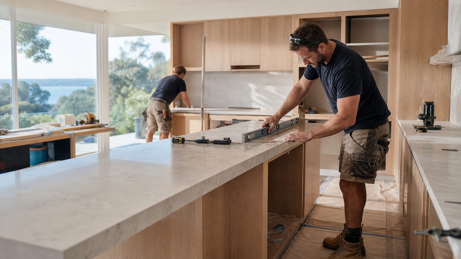 Illustrative kitchen installation scene with workers beside unfinished cabinetry and an island