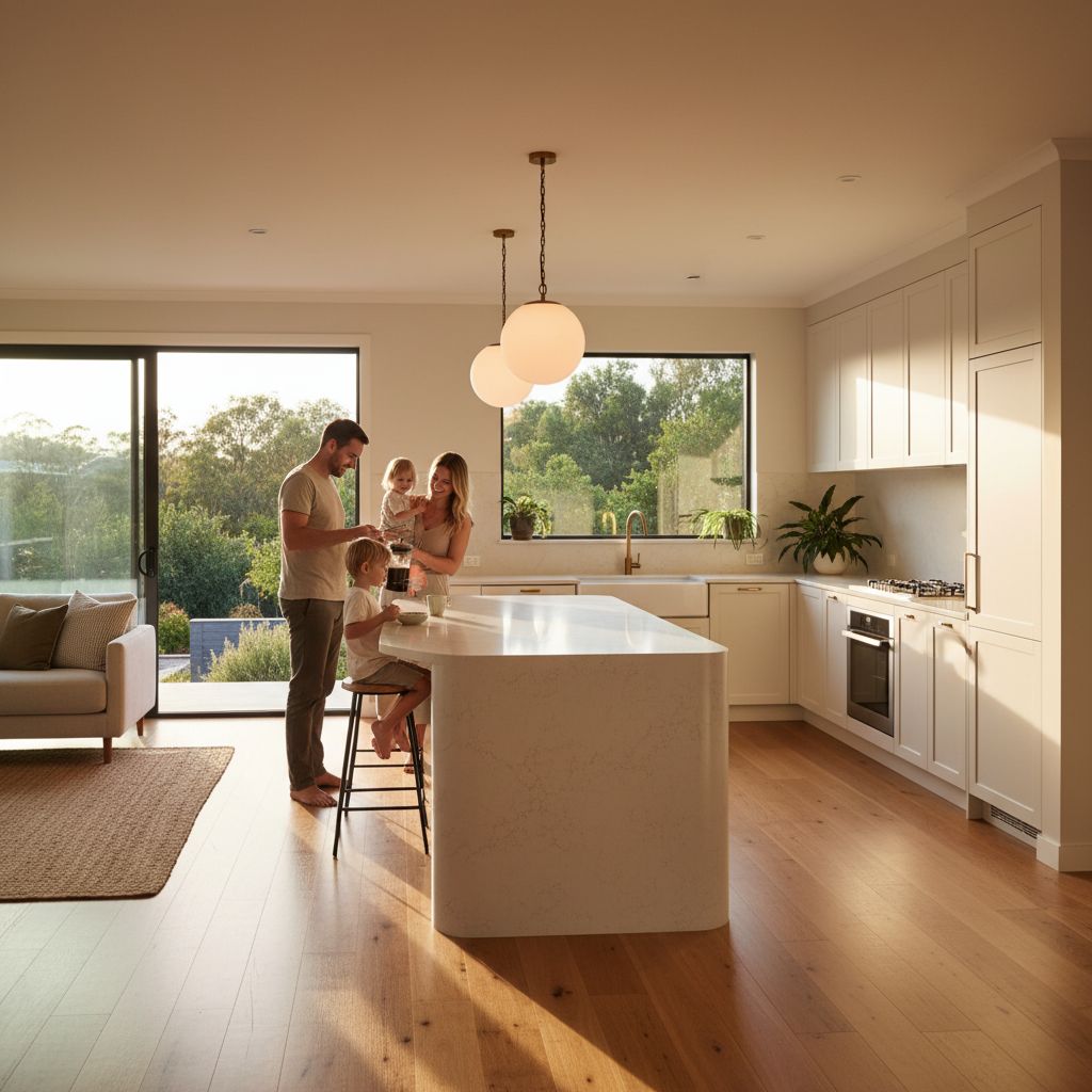 Complete kitchen renovation with stone benchtop and pendant lights